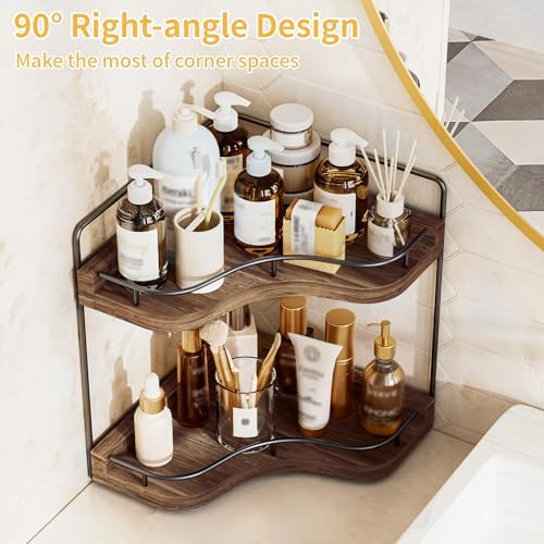 2-Tier Corner Bathroom Counter Organizer for Storage, Dark Brown - Image 4