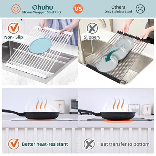 Ohuhu Over Sink Dish Drying Rack, 17.6" W x 15.4" L Roll Up Dish Racks Kitchen Sink Organizer Silicone Wrapped Large in Sink Dish Drying Rack Foldable Rolling Drain Mats Anti-Slip - Image 7