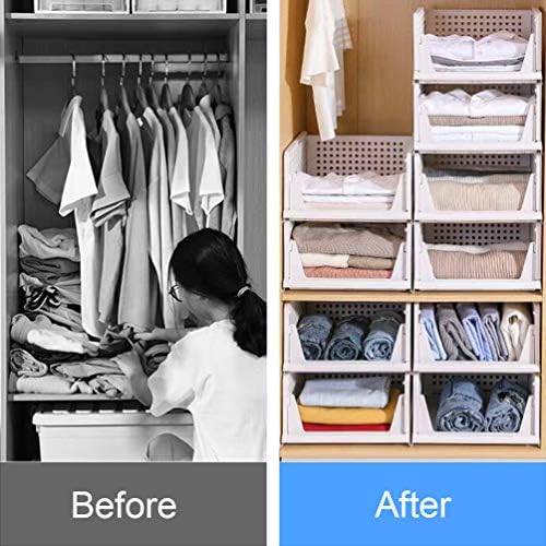 Folding Wardrobe Storage Box 4-Pack Plastic Drawer Organizer Stackable Shelf Baskets Cloth Closet Containers Bin Cubes,Home Office Bedroom Laundry Fold Pull Out Dividers for Clothes,Toys White - Image 6