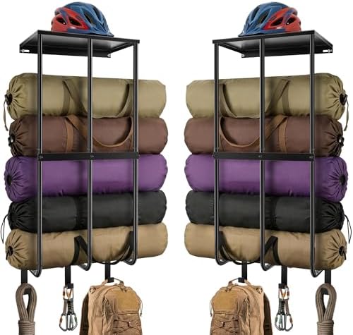 2 Pack Camping Chair Storage for Garage, Metal Camping Chair Rack for Garage Storage, Beach Chair Rack, Umbrella Holder, Wall Holder Rack with Floating Shelf & 3 Hooks for Garage Organizer by WAUTENANTY
