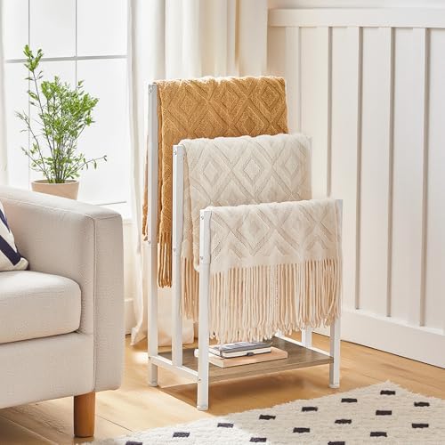 HOOBRO Free Standing Towel Rack, 3 Tier Blanket Rack, Blanket Holder for Bathroom, 16.9" L x 11" W x 31.9" H, Industrial Metal Drying and Display Rack with Shelf, White and Grey WG03LB01 - Image 6
