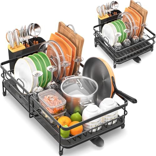 Expandable Dish Rack, Dish Drying Rack for Kitchen Counter, Foldable Dish Dryer Rack, Stainless Steel Dish Drainer Racks with Cutlery Holder, Collapsible Dish Drying Racks Standard Size, Dark Gray by TOOLF