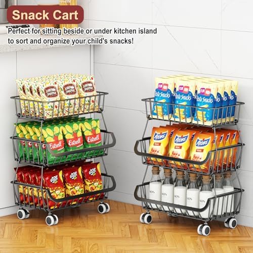 3-Tier Rolling Pantry Cart with Wheels, Stackable Wire Storage Floor Organizer for Kitchen Pantry Snack Shelves, Fruit Basket Stand, Vegetable Storage Rack for Food Snacks Onion Potato, Black, 2 Pack - Image 4