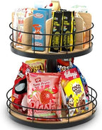 Snack Organizer - Versatile Snack Storage 2 Tier Lazy Susan with Convenient Grab-and-Go Design, Wood and Metal Snack Holder for Home, Office, Breakroom, 12.13" L x 12.13" W x 12.56" H by NANAGIFTREE