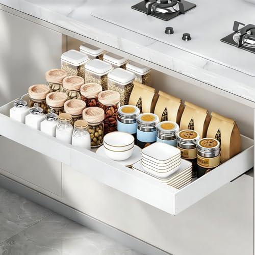 1PCS Expandable Pull Out Cabinet Organizer pots and pans organizer under cabinet Upgrade 3 Slide Rails Slide Out Drawers Roll Out Shelves Adhesive,Adjustable Width by Unknown