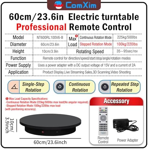 23.6In Remote Large Motorized electric turntable Rotating platform Photography Turntable Motorized lazy susan Base giratoria para for Photography,3D Scanner,Heavy duty display(Load Range:220~500lbs) - Image 2