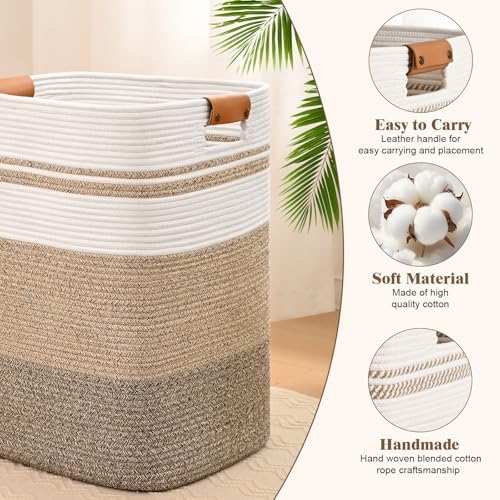 Laundry Hamper, 85L Tall Laundry Basket with Leather Handles, Rectangle Large Clothes Hamper for Organizing, Cotton Woven Laundry Baskets Storage Hampers for Bedroom, Nursery, Living Room - Image 6