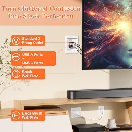 in Wall Cable Management Kit with Brush Wall Plate,AC Outlets & USB-A+USB-C Ports,9ft Cord,Hide Cords Recessed Wall Outlet for TV Cable Management,HDMI Cables and Home Theater Systems - Image 3