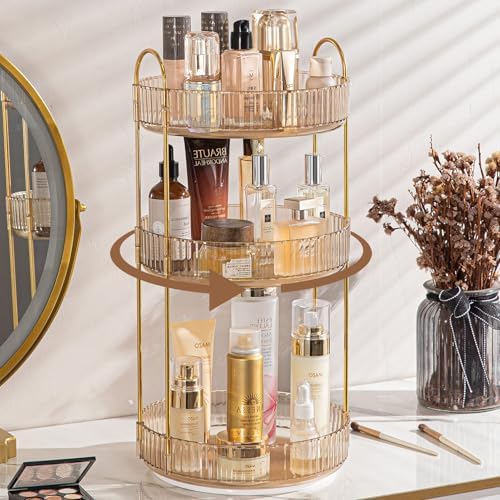 shuang qing Rotating Makeup Organizer for Vanity, High-Capacity Skincare Clear Make Up Storage Perfume Organizers Cosmetic Dresser Organizer Countertop 360 Spinning (Gold, 3 Tier) by SHUANGQING