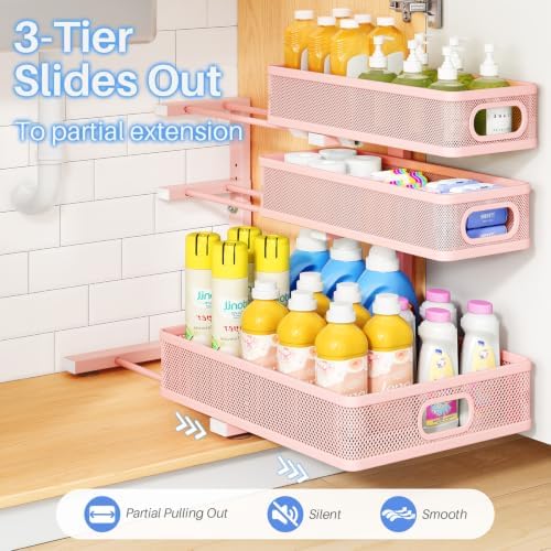 Under Sink Organizer, 3-Tier Thickened Metal Pull out Cabinet Organizer Shelf, Height Adjustable Slide out Storage Drawer Rack for Kitchen Bathroom Pantry Laundry Home Organization, 1-Pack, Pink - Image 5