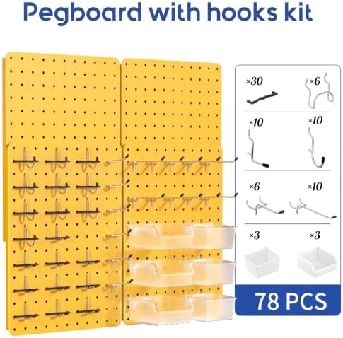 Pegboard Organizer Kit,4 Pack 14.76x10.82 in Metal Panels with 6 Bin,Yellow - Image 2