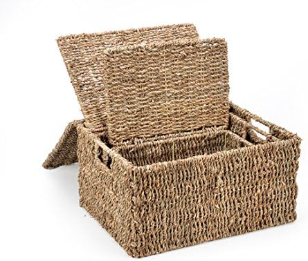Trademark Innovations Set of 3 Rectangular Seagrass Baskets with Lids, Natural (Small) by Trademark+Innovations