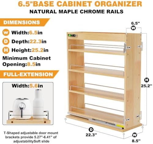 Pull Out Spice Rack Organizer for Cabinet, 6.5" W x 22.3" D x 25.2" H Multi-Use Solid Wood Slide Out Shelf for Kitchen Cabinet, Sliding Spice Rack for Cans & Jars, Pantry Organization - Image 3
