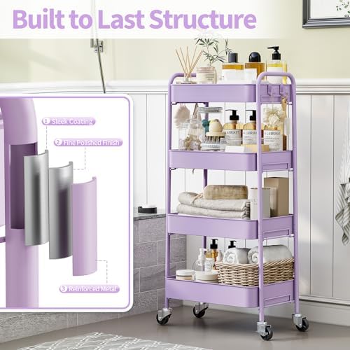 TOOLF 4 Tier Metal Rolling Cart, Utility Storage Cart with Wheels, Purple - Image 6