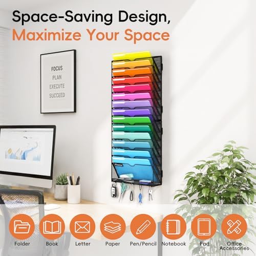 15-Tier Wall File Organizer with Hook, Hanging File Organizer Black - Image 4