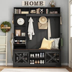 75''H 59''W Large LED Farmhouse Hall Tree with Bench and Shoe Storage,Entryway Bench with Coat Rack,16 Shoe Cubbies & Umbrella Holder and Sock Storage Drawer,Mudroom/Hallway Storages Cabinet(black) - Image 6