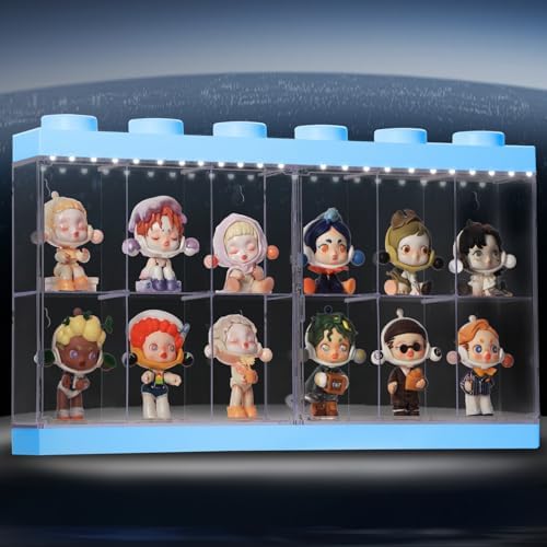 Wall-Mounted Blue Acrylic Display Case with White LED Light, 12-Grid Clear Showcase Shelf, No-Assembly Dustproof Organizer for Mini Figures, Collectibles by Lotheove