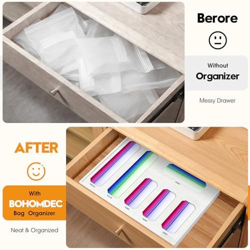 6 in 1 Bamboo Bag Storage Organizer, White Baggie Organizer for Drawer with Sliding Lid - Fits Gallon, Quart, Sandwich, Snack & Freezer Bags, Wall Mountable Kitchen Drawer Organization - Image 2