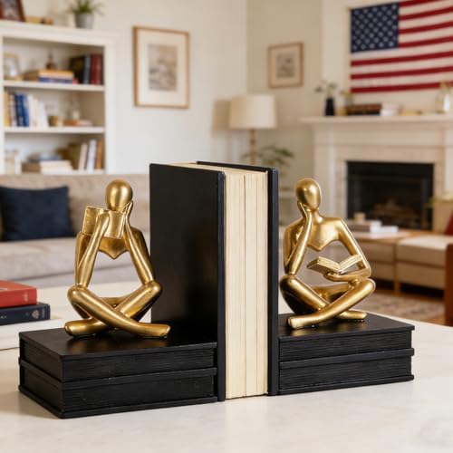 Reading Figurine Book Ends Book Lovers Gifts for Bookshelf Decorations for Readers, Graduates, Students, Teachers, Sculpture Home Decor for Shelves Desk Office Living Room (Black/Gold) - Image 3