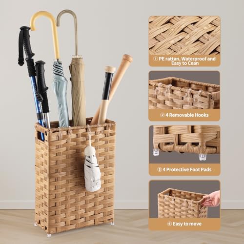 Rattan Umbrella Stand, Umbrella Holder for Entryway, Hand Woven Umbrella Rack Organizer Freestanding, with a Detachable Drip Tray, 4 Hooks, 11.8" L x 5.5" W x 16.5" H, Natural - Image 6