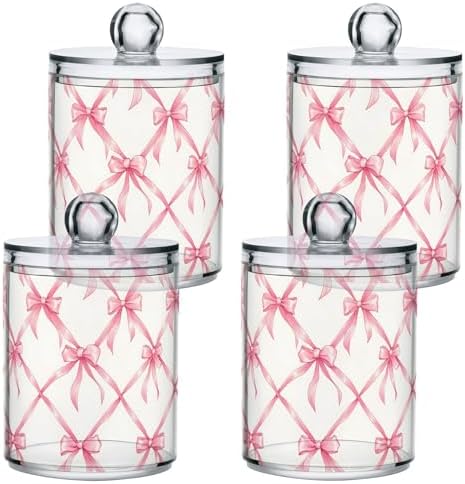 4 Pack Holder Dispenser with Lid Pink Bow Plaid Pattern Clear Vanity Canisters Jars Cotton Balls Pads Swabs Holder for Bathroom Office Dresser Organization - Image 7