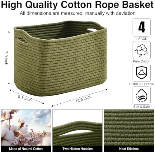 ICERZCZ Storage Basket for Shelves, Small Baskets for Organizing, Woven Cotton Rope Baskets for Storage, Book Basket, Decorative Shelf Basket, 12.5"Lx9.1''Wx7.9''H (4 Packs) Green - Image 3