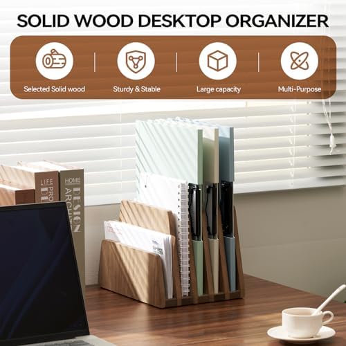 KIRIGEN Wooden Mail Organizer, 5-Slot File Holder for Desk, Brown 5K-DBR - Image 2