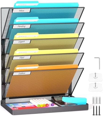 TOPCJ Legal/Letter Size 6 Tier Wall File Organizer,2-in-1 Wall Mounted&Desktop File Holder,2 Installation Methods Screws & Adhesive,Mesh Document Organizer with Label Plate for Home Office by TOPCJ