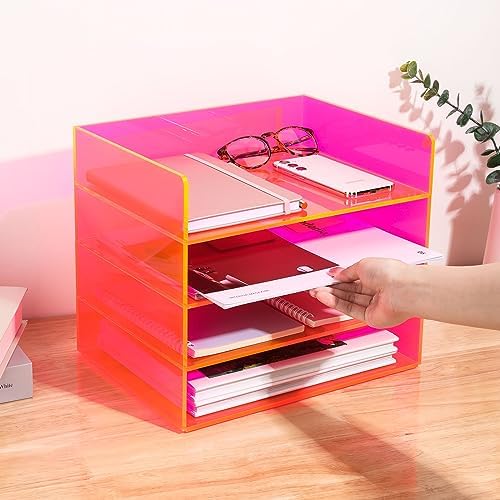 Gelite Acrylic File Organizer for Desk 4 Tiered Stackable Letter Tray Office Paper Storage Desktop Document Sorter, Neon Pink - Image 4