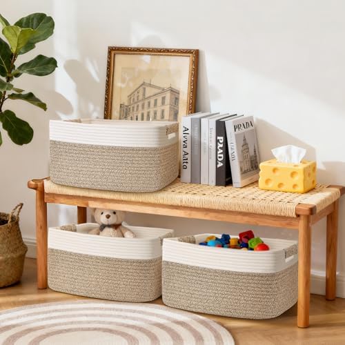 2 Pack Large Storage Basket for Organizing, 17.5"x13"x7" Woven Basket for Shelves, Closet Cube Storage Bins with Wrapped Handle, Cotton Rope Baskets for Kitchen, Clothes, Toys(Off White & Brown) - Image 2