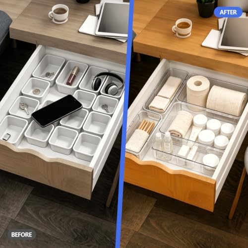 15 Pack Adjustable Drawer Organizers-Expandable Storage Bins with Non-Slip Design, Modular Drawer Dividers for Makeup, Bathroom Vanity, Cosmetics, Jewelry, Toiletries, Office Supplies and Kitchen - Image 6