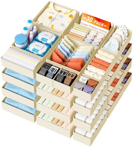 DIMJ Drawer Organizer Clothes - 30 Pack Closet Drawer Organizer Bins for Baby Clothes Storage, Fabric Dresser Organizer for Nursery Bedroom, Foldable Small Drawer Dividers for Underwear Socks by DiMJ
