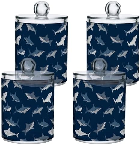 ALAZA 4pcs Dark Blue Shark Fish Qtip Holder Dispenser 14 oz Bathroom Storage Clear Apothecary Jars Containers Cotton Ball,Cotton Rounds,Floss Picks, Hair Clips, Food - Image 2