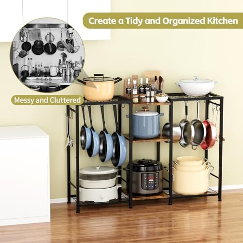 Pot Rack —Expandable Pot and Pan Organizer Rack, Freestanding Kitchen Pot and Pan Rack Storage Stand, Vertical Pan & Lid Hanging, Rustic Wood Top for Kitchen Storage & Organization - Image 2