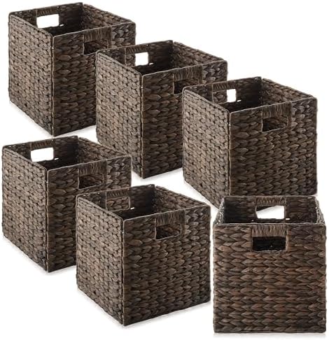 Casafield 10.5" x 10.5" Water Hyacinth Storage Baskets, Espresso - Set of 6 Collapsible Cube Organizers, Woven Bins for Bathroom, Bedroom, Laundry, Pantry, Shelves by Casafield