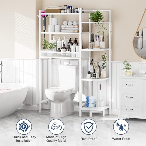 K1 Heavy Duty 7-Tier Over The Toilet Storage（With Basket and Paper Hook）Freestanding Above Toilet Shelf with Adjustable Feet，Space Saver Bathroom Shelves 9.3"D x 33.5"W x 63.8"H，Beige White - Image 5