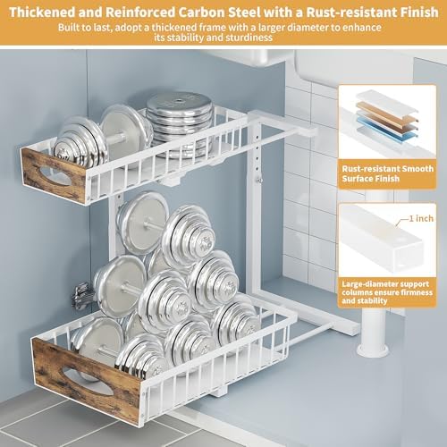 2 Pack Metal Under Sink Organizer with Sliding Drawer, White - Image 3