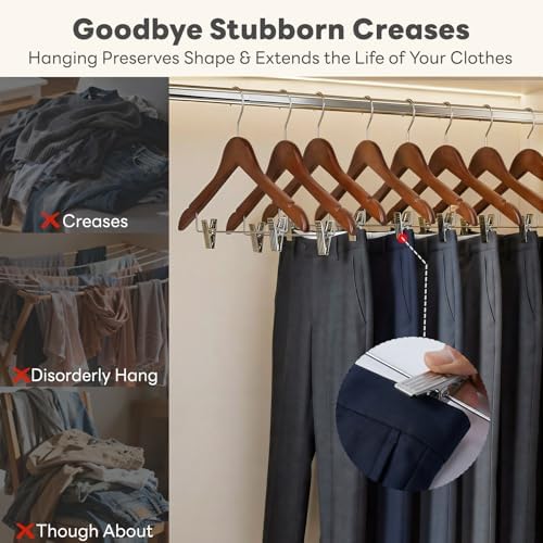 HOUSE DAY Wooden Hangers with Clips 12 Pack, Suit and Pants Hangers, Walnut - Image 5
