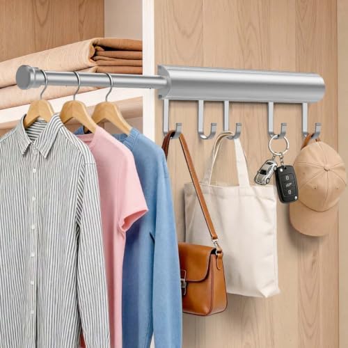 Pisman Valet Rod for Closet Pull Out 12 Inch with 5 Hooks - Silver 1 Pack by Pisman