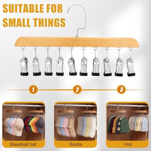 Novabright 4 Pcs Closet Organizers with 10 Clips Hat Pants Scarf Socks Hangers Wood Space Saving Rotating Hanging Hangers Clothespins with Padded Clips for Leggings Bra Tie Belt Jeans Skirt (Wood) - Image 5