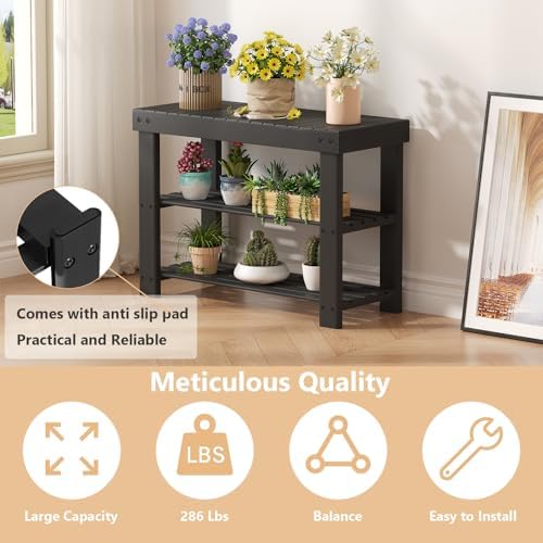 NEWBULIG Shoe Rack Bench, 3-Tier Bamboo Organizer, 11x28x18in, Black - Image 6