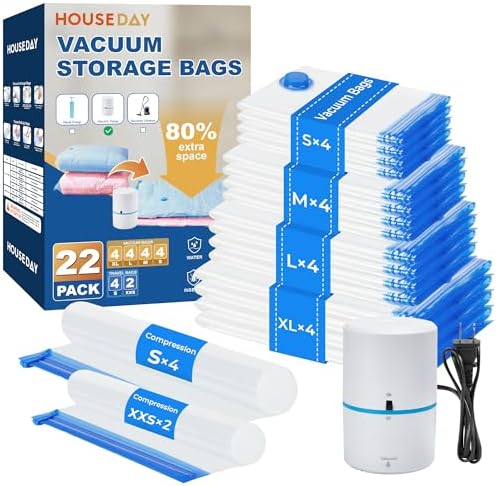 HOUSE DAY 22 Pack Vacuum Seal Bags For Clothing Travel, 80% Space Saving Travel Vacuum Bags with Electric Pump, Vacuum Storage Bags For Clothes, Comforters, Blankets, Moving, Storage & Organization by HOUSEDAY
