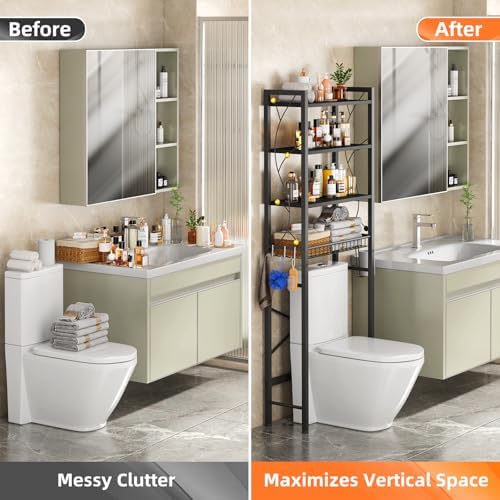 Over-The-Toilet Storage Rack, 4-Tier Bathroom Organizer Shelf Over Toilet with Adjustable Shelf and Basket, Freestanding Space Saver Bathroom Shelves Above Toilet for Room (Pure Black) - Image 5