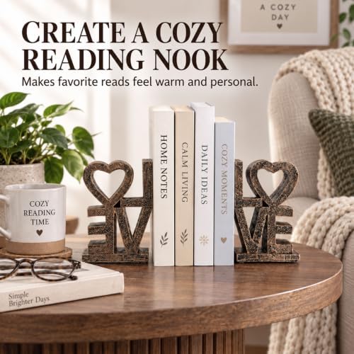 Love Bookends, Gold Decorative Book Ends for Shelves, Resin Bookends Set - Image 3