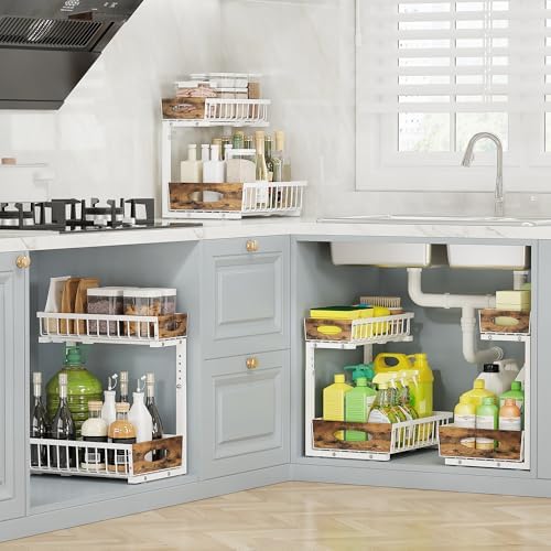 2 Pack Metal Under Sink Organizer with Sliding Drawer, White - Image 2