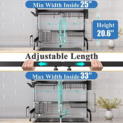 Over The Sink Dish Drying Rack, Adjustable 25.5-33.5 in, 2-Tier, Black - Image 3