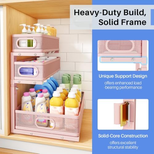 Under Sink Organizer, 3-Tier Thickened Metal Pull out Cabinet Organizer Shelf, Height Adjustable Slide out Storage Drawer Rack for Kitchen Bathroom Pantry Laundry Home Organization, 2-Pack, Pink - Image 6