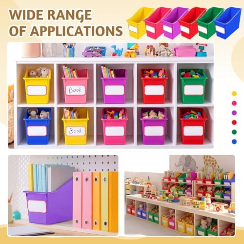 Teling 36 Pcs Book Bins Bulk for Classroom Storage Plastic Magazine Holder with Label Interlocking File Folder Organizer Binder Container Box for School Office Desktop Bookshelf Home (Rainbow Bright) - Image 5