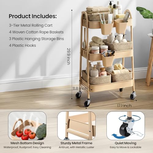 3-Tier Rolling Utility Cart with 4 Woven Baskets, Diaper Book Snack Cart, Storage Organizer for Nursery, Kitchen, Craft Room, Home SPA, Living Room, Metal Frame Trolley on Lockable Wheels, Brown - Image 2