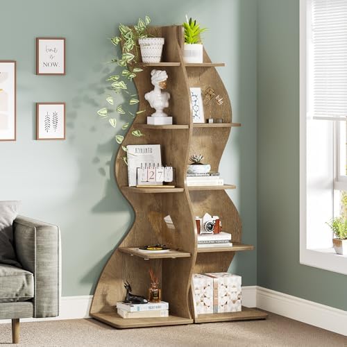 Tribesigns Corner Shelf, Modern 5-Tier Wall Corner Bookshelf, Stylish Corner Small Bookcase Storage Rack Plant Stand with Unique Shape for Living Room, Home Office (Light Brown, 2PCS) - Image 2